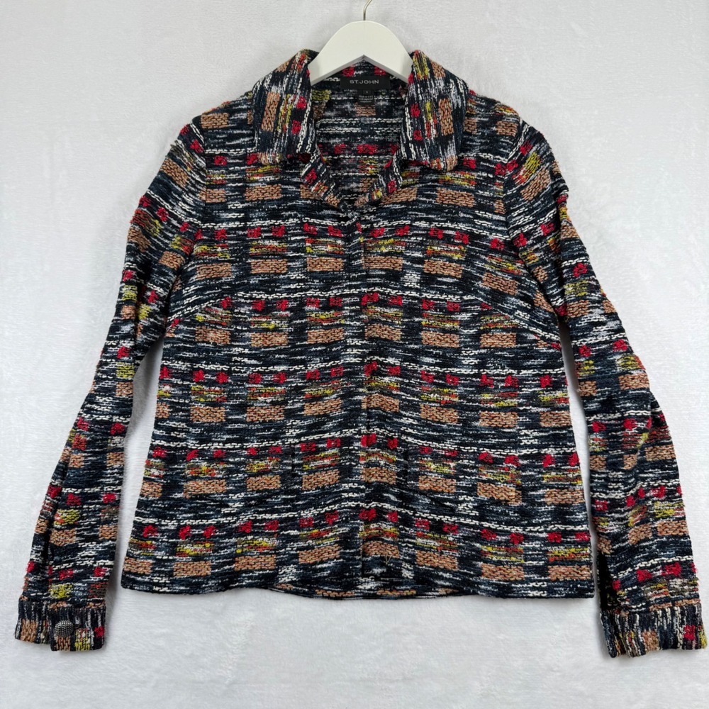 St John Womens Size 4 Multicolor Textured Knit Zip‎ Front Collared Jacket Blazer